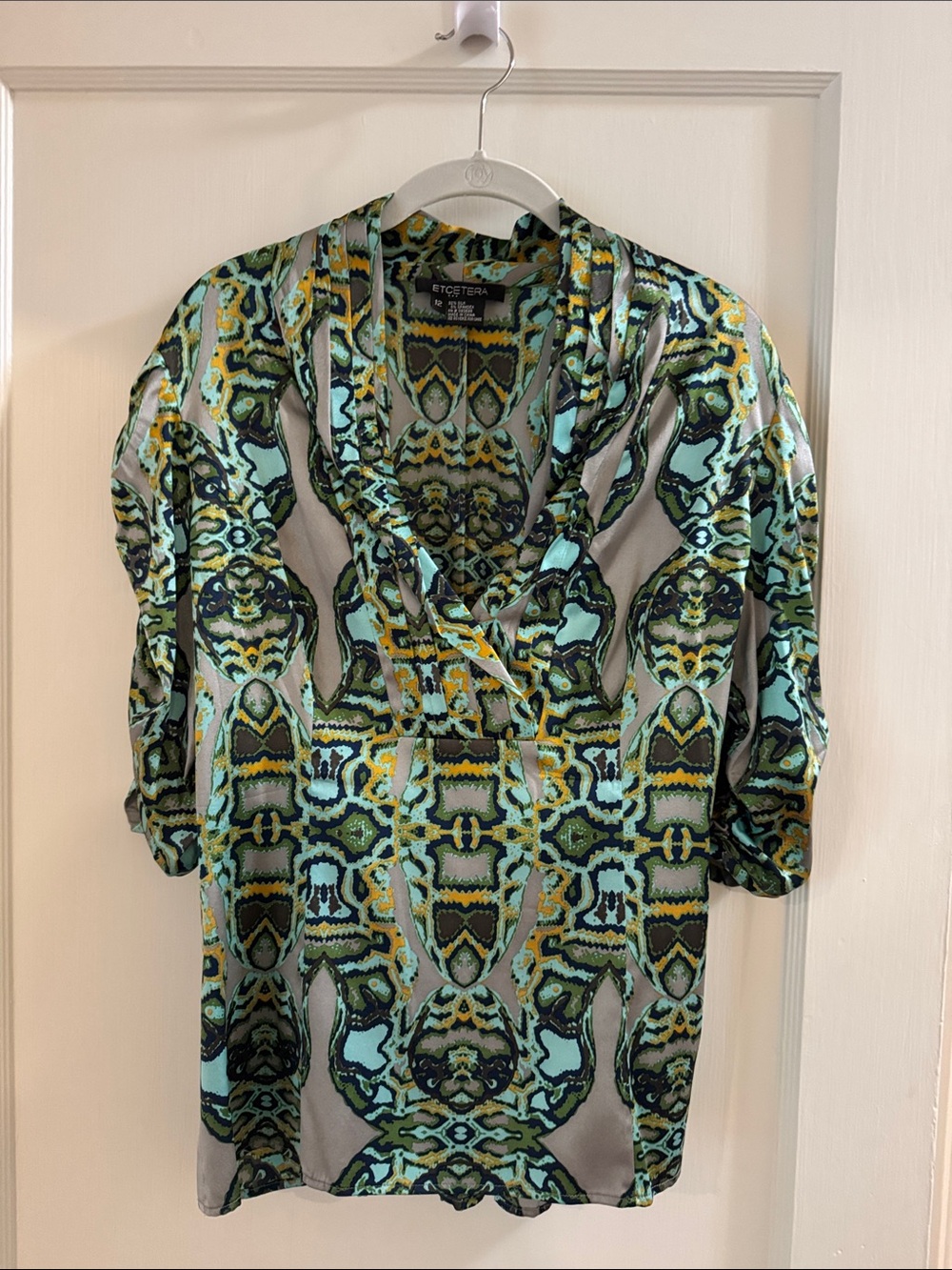 Etcetera Silk Aqua & Olive Patterned V-Neck Blouse